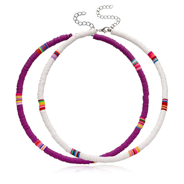 2PCS Heishi Choker Necklaces for Women Summer Beach Necklace (Purple&white)