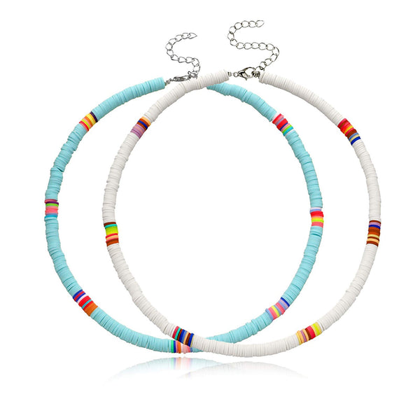 2PCS Heishi Choker Necklaces for Women Summer Beach Necklace (Blue&white)