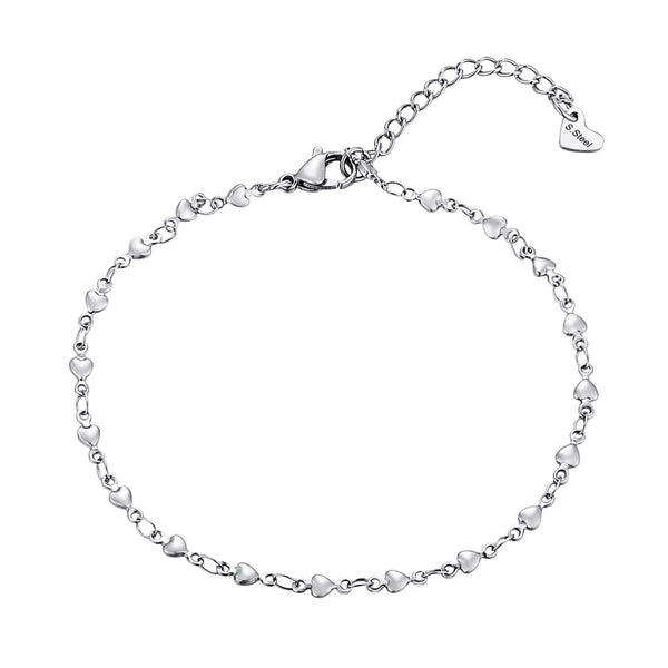 Heart Link Chain Anklet Stainless Steel Adjustable Bracelet Silver