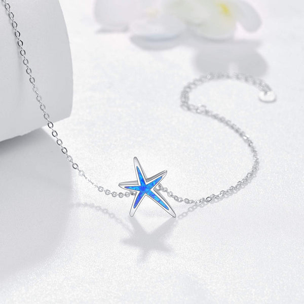 Sterling Silver with Blue Fire Opal Starfish Adjustable Bracelet Beach Jewelry Mother Day Gift