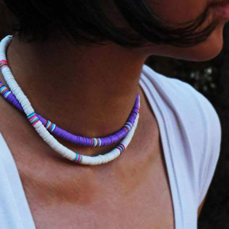 2PCS Heishi Choker Necklaces for Women Summer Beach Necklace (Purple&white)