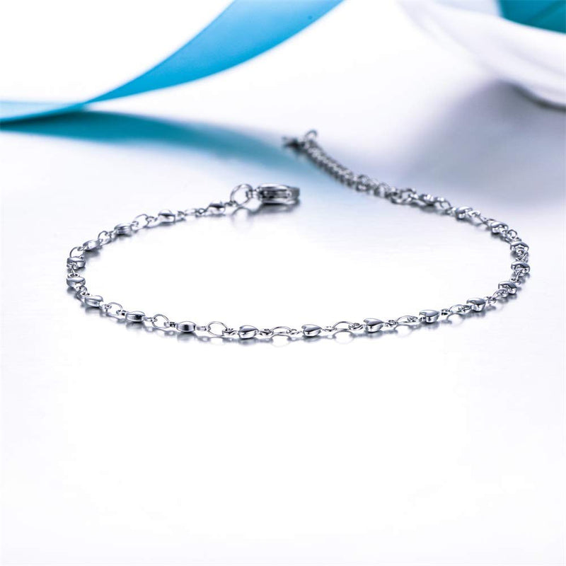 Heart Link Chain Anklet Stainless Steel Adjustable Bracelet Silver