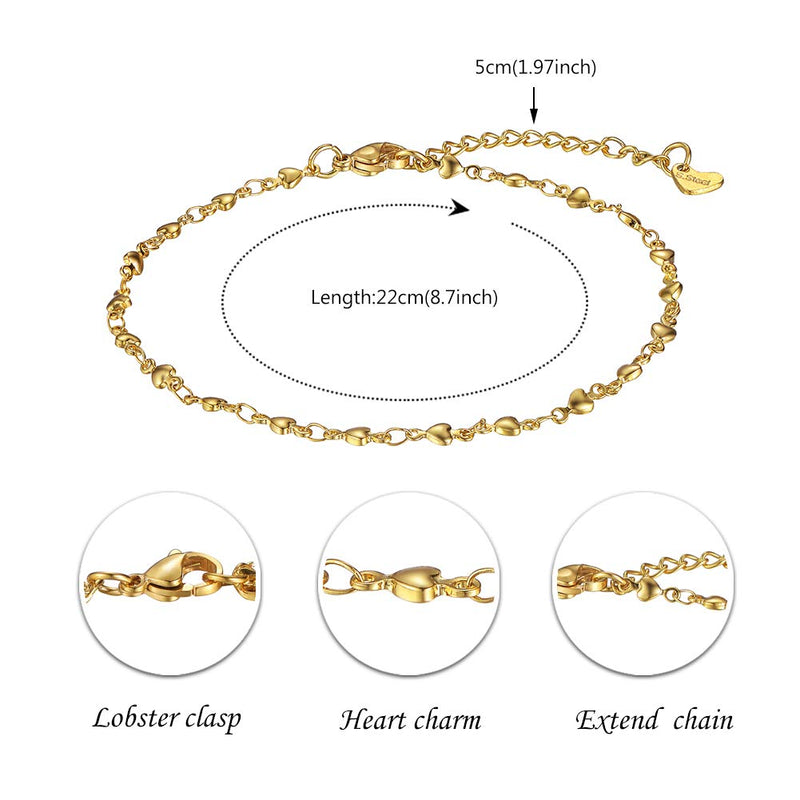 Heart Link Chain Anklet Stainless Steel Adjustable Bracelet Gold