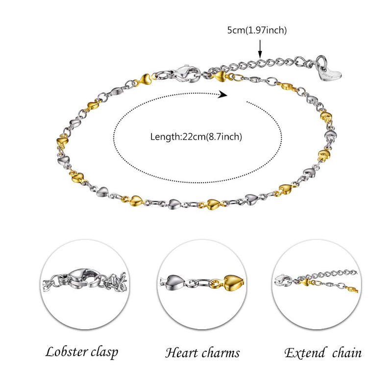 Stainless Steel Heart Link Chain Anklet Adjustable Bracelet