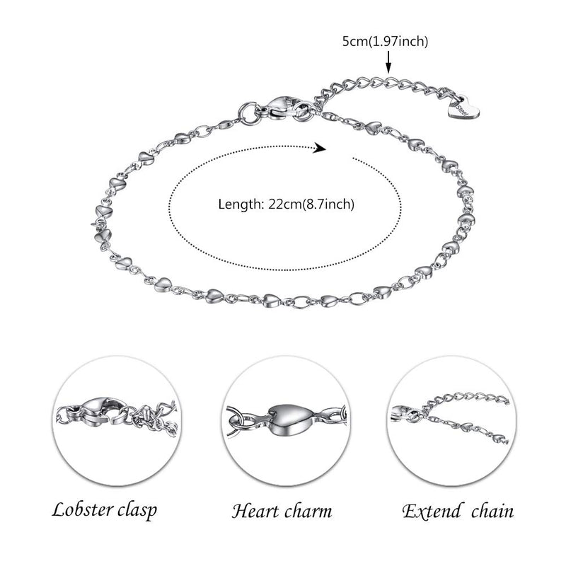 Heart Link Chain Anklet Stainless Steel Adjustable Bracelet Silver